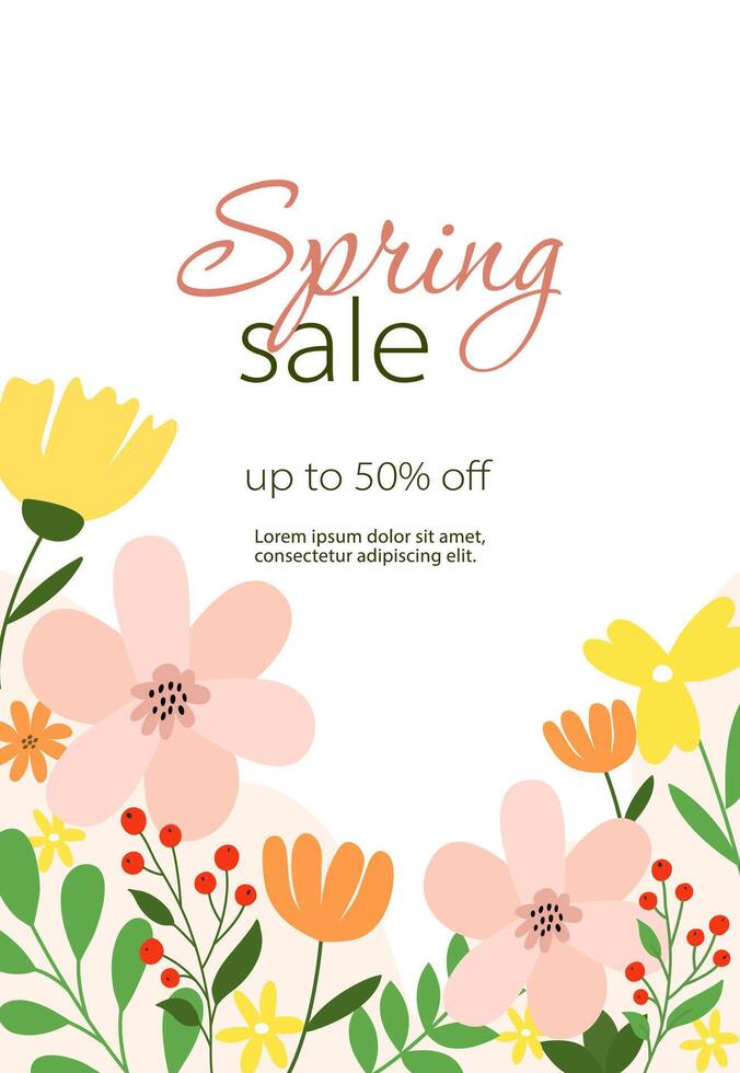 Floral background with flowers, leaves. Editable template for greeting card, poster banner, invitation, social media post, mobile apps. Hello spring. Spring sale. Summer sale vector