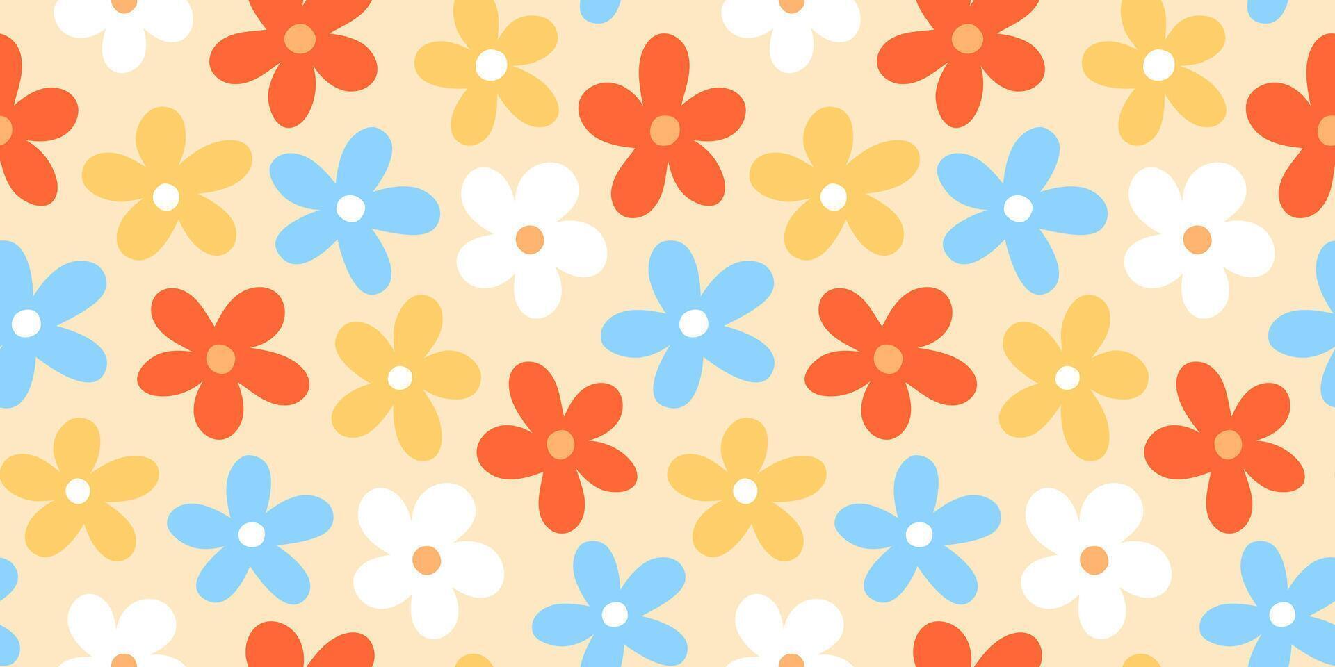 Abstract seamless pattern with vintage groovy daisy flowers. design y2k. 60s, 70s, 80s style vector