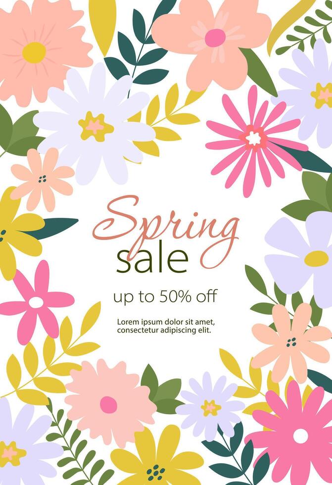 Floral background with flowers, leaves. Editable template for greeting card, poster banner, invitation, social media post, mobile apps. Hello spring. Spring sale. Summer sale vector