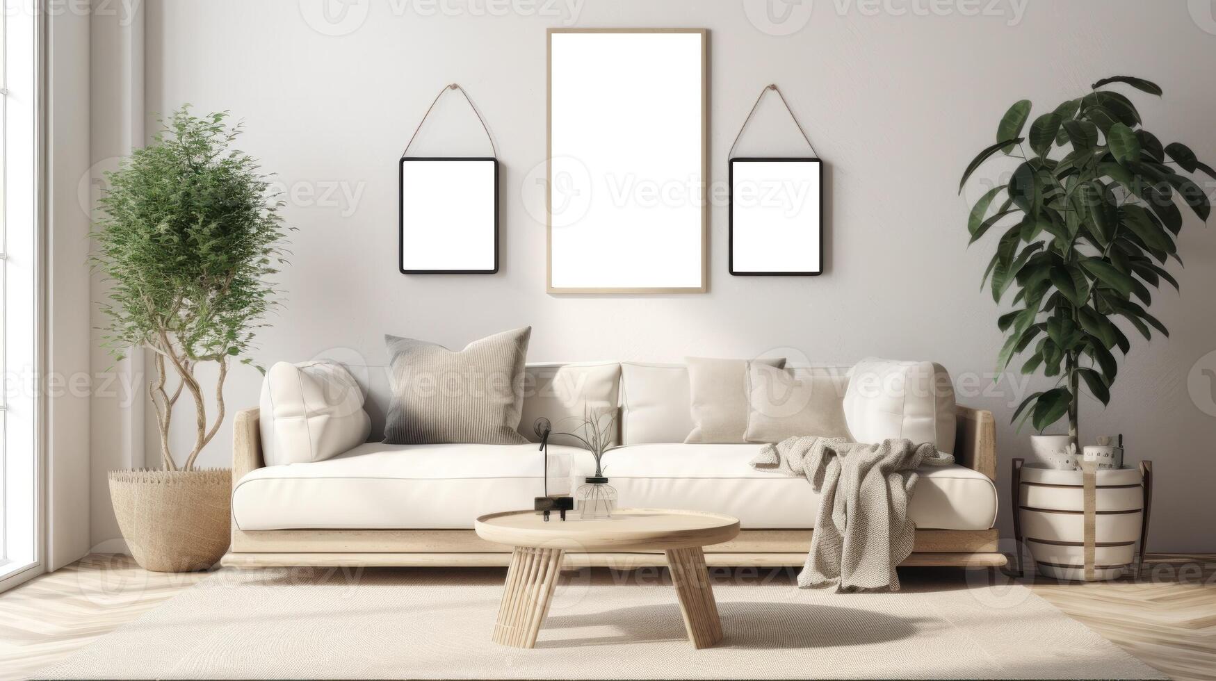 AI generated Living Room with a couch and mockup framed pictures photo