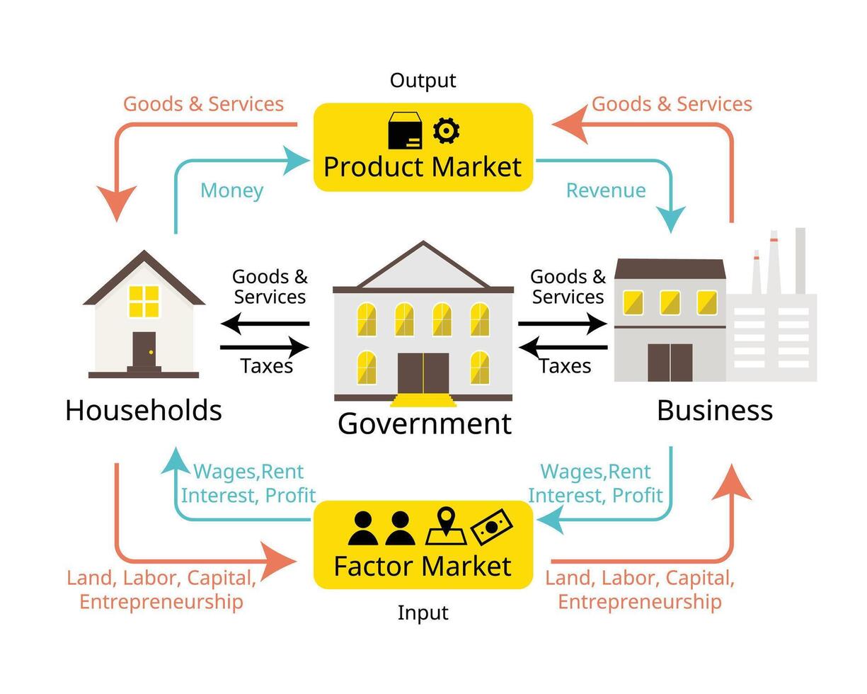 The circular flow model from household, business and government flow in economy vector