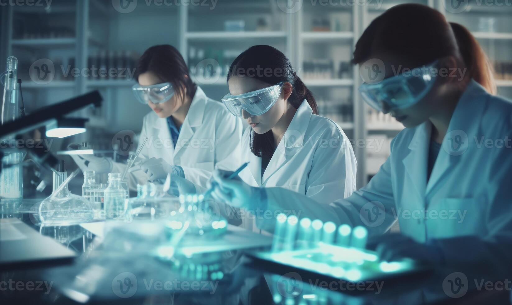 AI generated Two women in lab coats working on a microscope photo