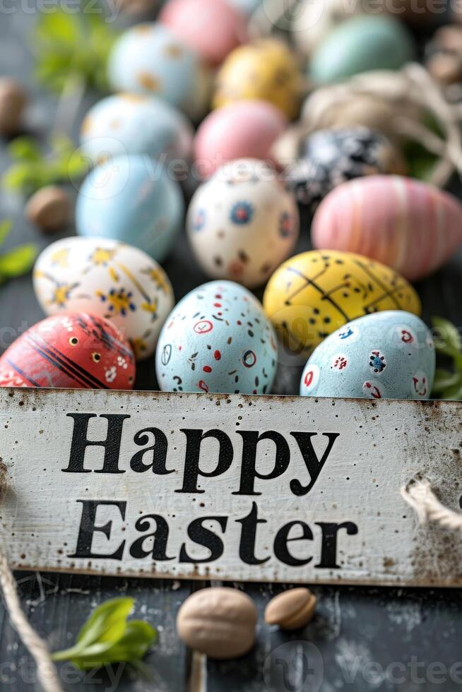 AI generated Happy Easter colorful eggs with text photo