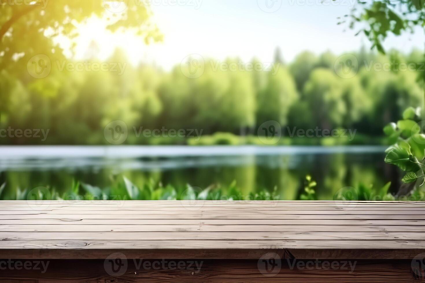 AI generated Wooden table in front of a lake and forest photo