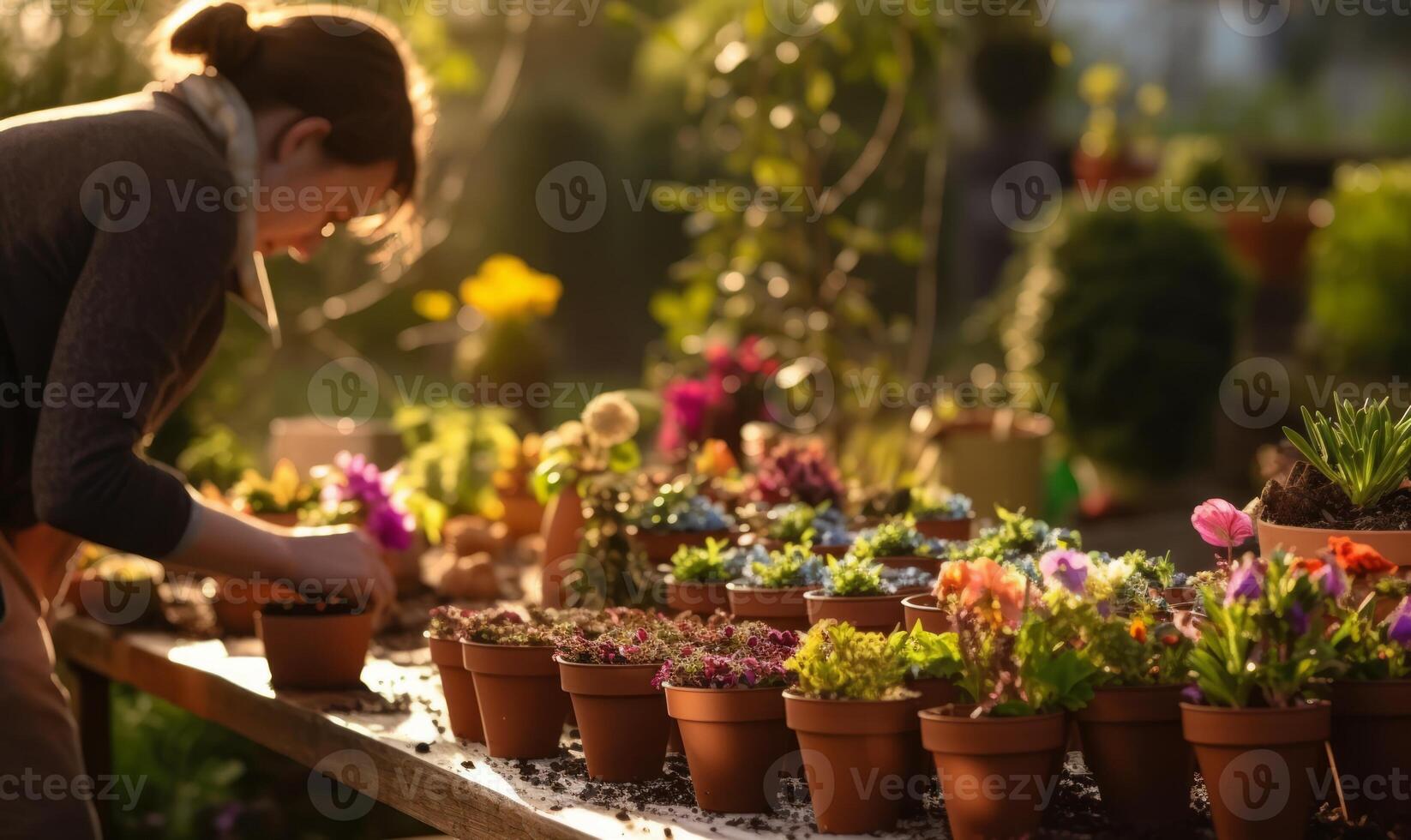 AI generated A person is planting flowers in pots photo