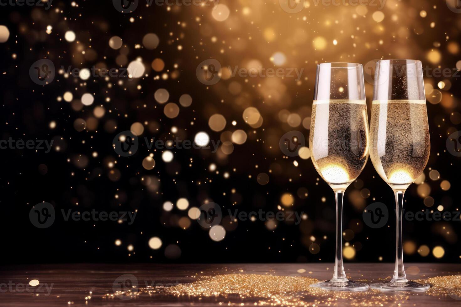 AI generated Champagne glasses with sparkling bubbles on a table with a background of gold glitter photo
