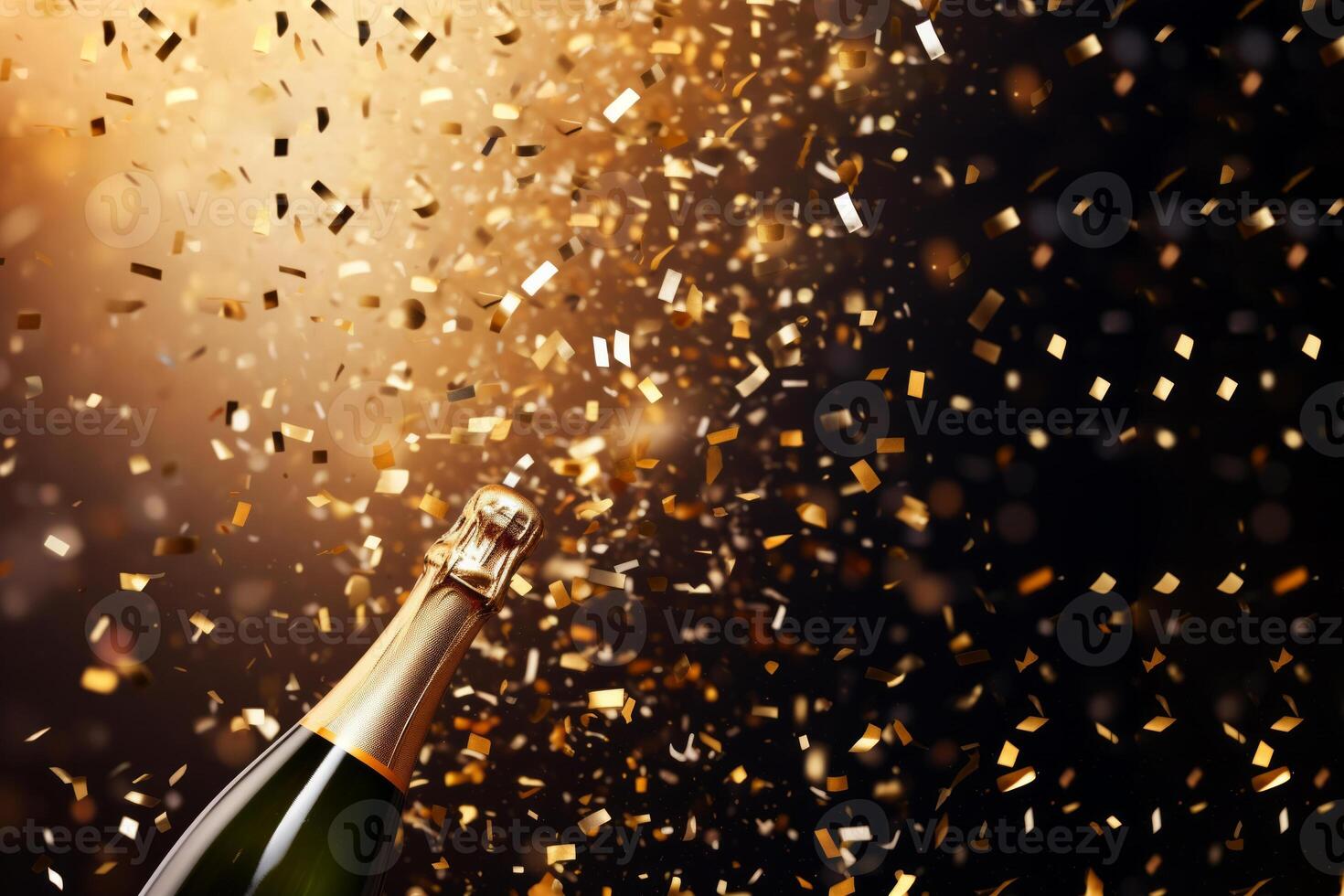 AI generated Champagne bottle with golden confetti on black background photo