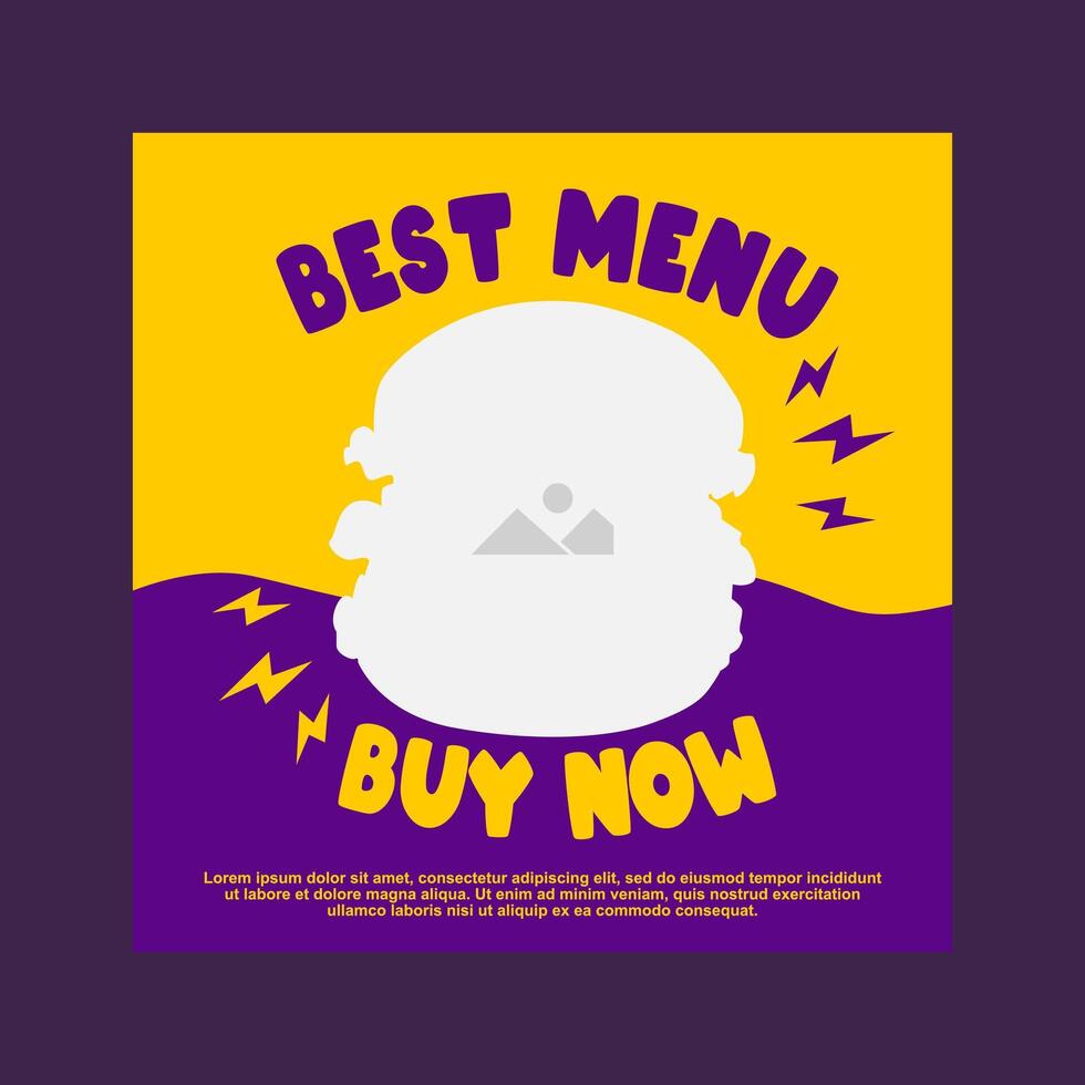 yellow and purple social media post template design for burger restaurant promotion vector