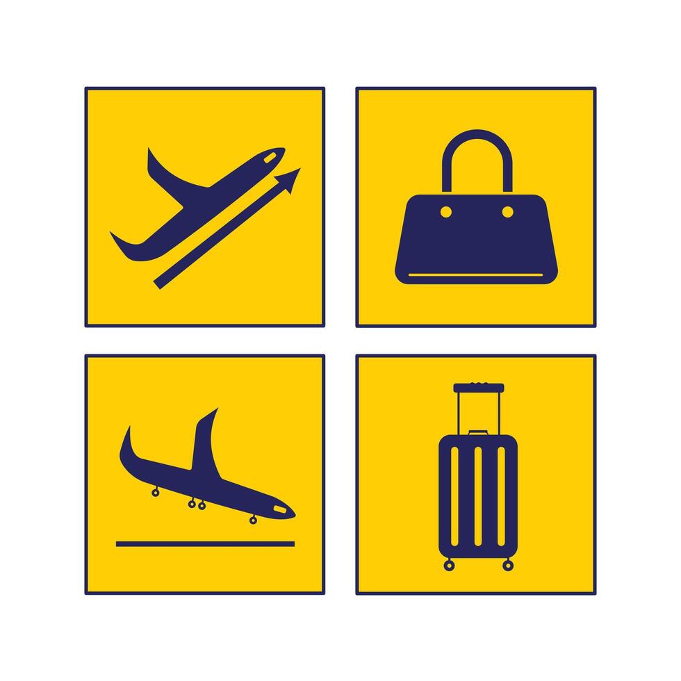 Dark blue colored airport plane departures, arrival, and baggage sign age illustration set bundle on square yellow backgrounds. Simple flat cartoon object drawing. vector