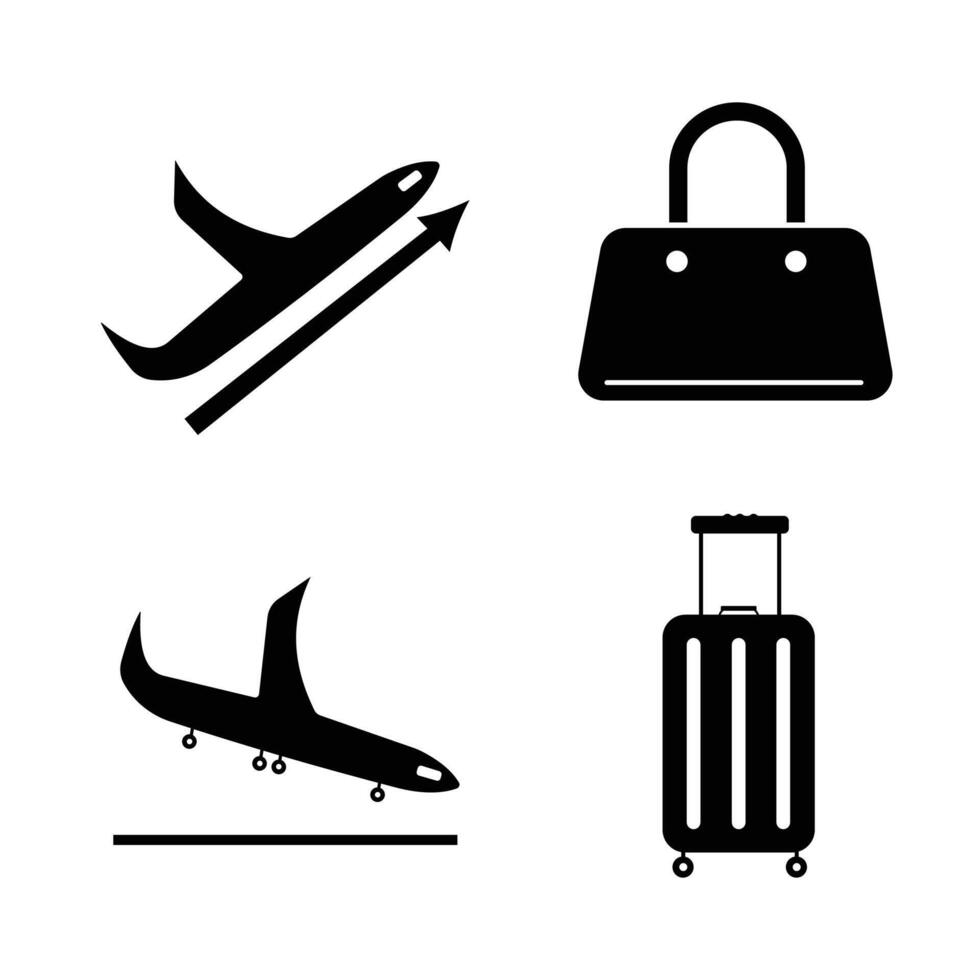 Black airport plane departures, arrival, and baggage sign age shadow silhouette illustration set bundle on square white backgrounds. Simple flat cartoon object drawing. vector