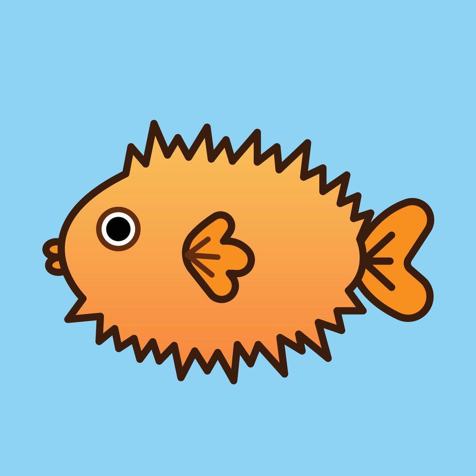 Cute colored pufferfish with simple flat cartoon art styled illustration isolated on square background. Simple flat cartoon aquatic sea animals drawing. vector