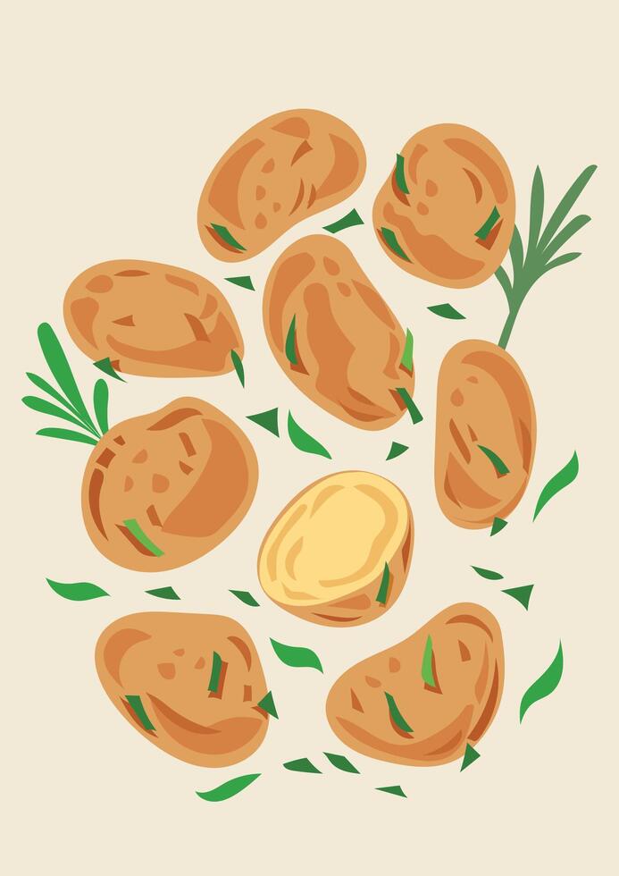 Boiled baby potatoes with green garnish leaves food ingredients illustration isolated on vertical background. Simple flat cartoon art styled drawing. vector