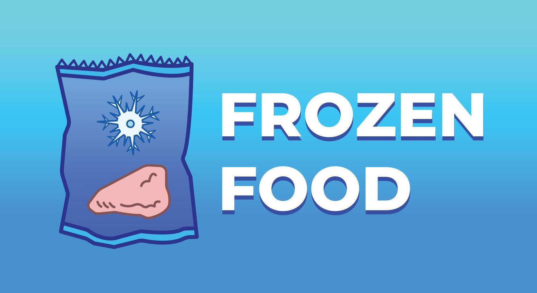 Frozen food supermarket banner poster sign age illustration isolated on horizontal gradient blue background. Simple flat styled drawing. vector