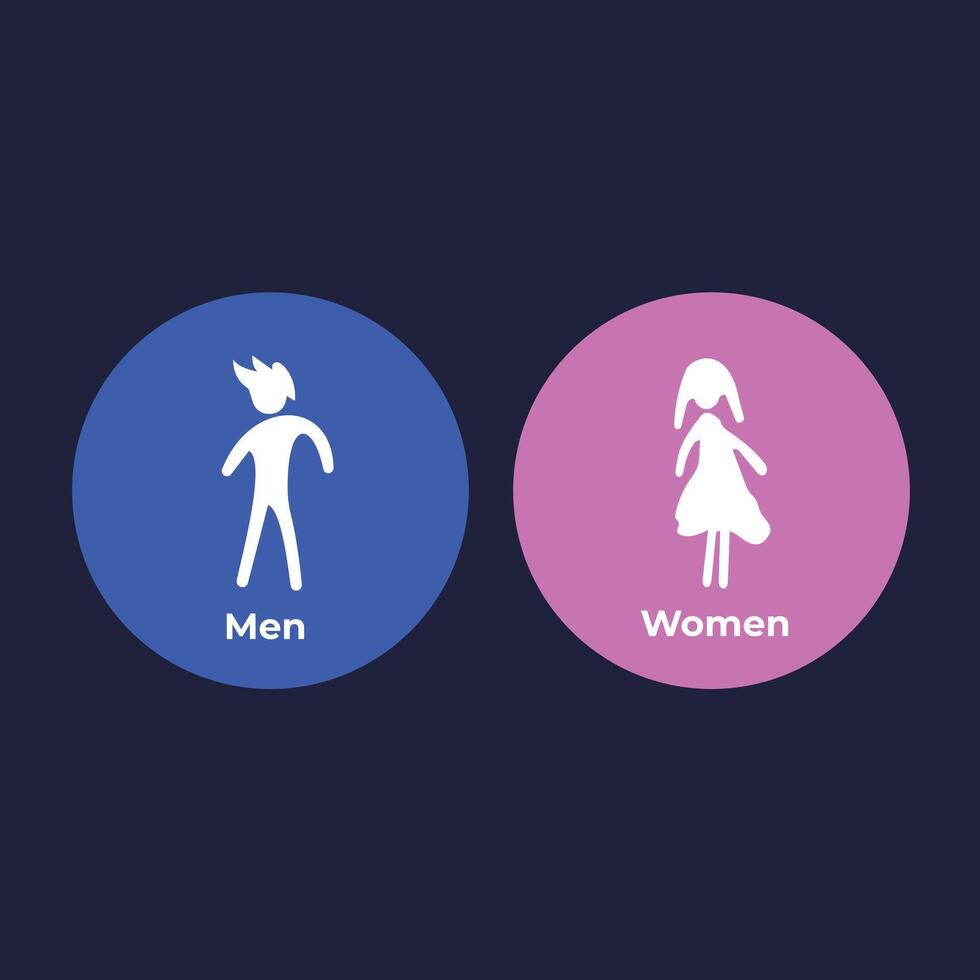 Funny abstract unique shaped men and women doodle toilet sign age shadow silhouette illustration isolated on round blue and pink background. Simple flat doodle styled drawing. vector