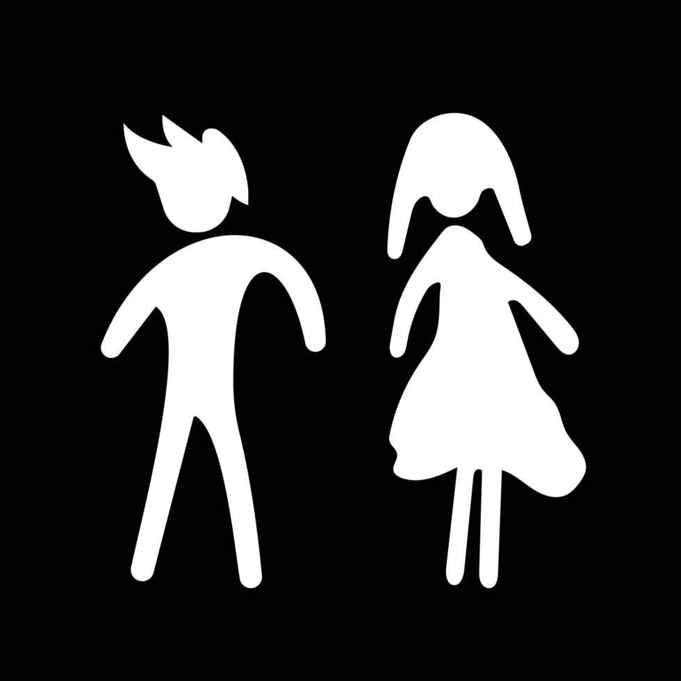 Funny abstract unique shaped men and women figure couple doodle toilet sign age white shadow silhouette illustration isolated on square black background. Simple flat cartoon styled drawing. vector