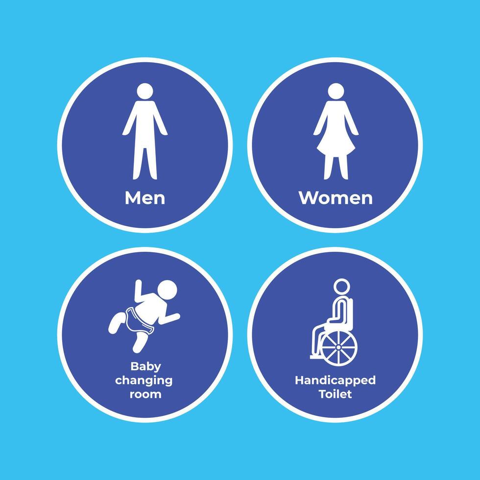 Blue and white colored men, women, baby changing room, and disabled handicapped toilet signages icon on circle background illustration. Simple flat cartoon styled drawing. vector