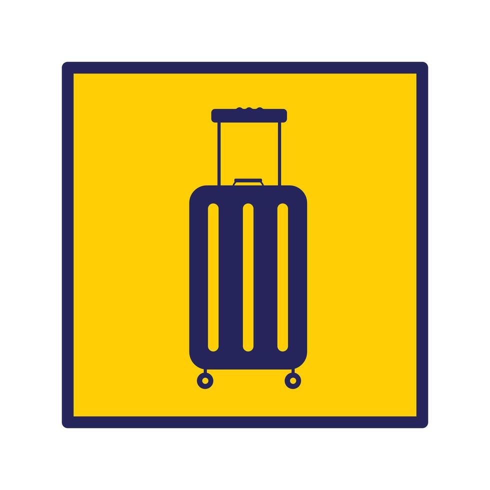 Dark blue airport baggage bag with handle and wheels signage shadow silhouette illustration on square yellow backgrounds. Simple flat cartoon object drawing. vector