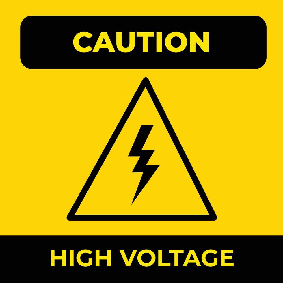 Caution high voltage electricity warning yellow triangle sign age sticker poster illustration isolated on square background. Simple flat cartoon styled drawing. vector