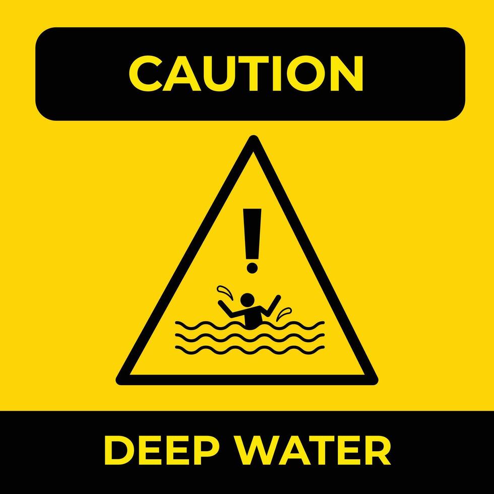 Caution deep water risk of drowning warning yellow triangle sign age sticker poster illustration isolated on square background. Simple flat cartoon styled drawing. vector