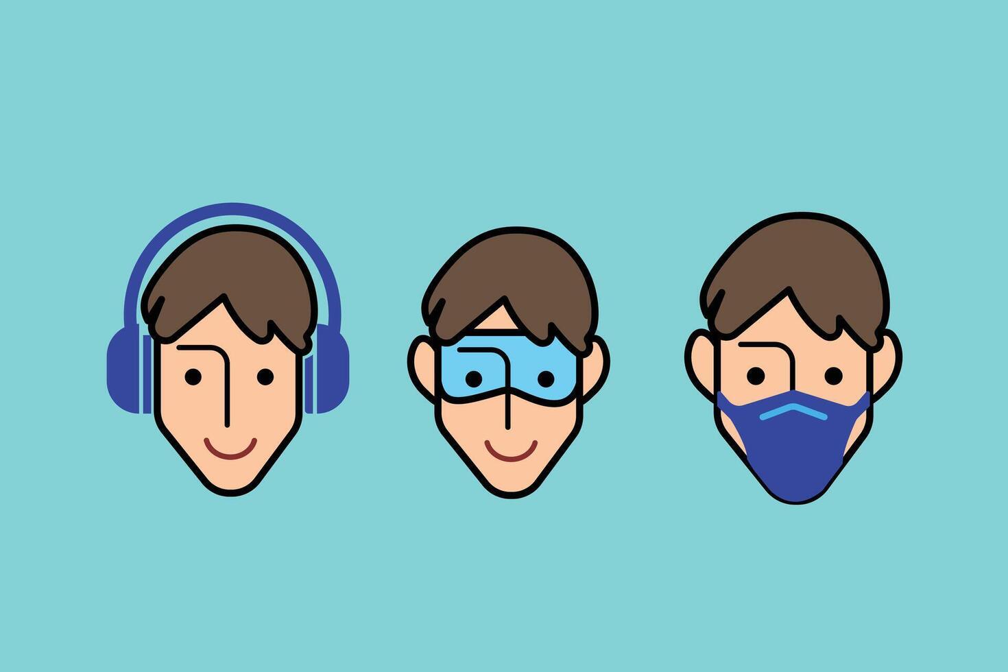 Colored safety first set face icons. ear and eye protection plus face mask sign icon illustration outlined isolated on horizontal blue green background. Simple flat cartoon drawing. vector