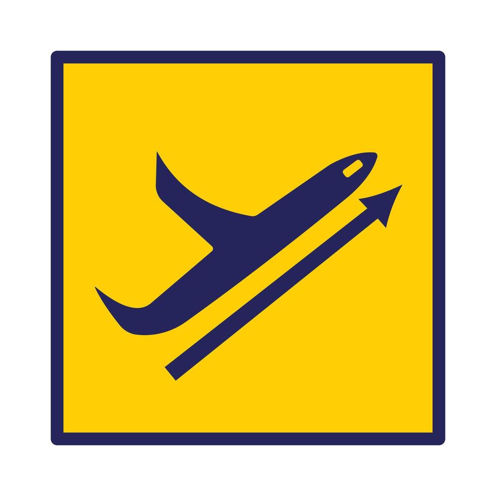Dark blue airport departures signage shadow silhouette illustration on square yellow backgrounds. Simple flat cartoon object drawing. vector