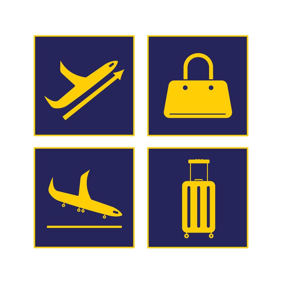 Yellow colored airport plane departures, arrival, and baggage sign age illustration set bundle on square dark blue backgrounds. Simple flat cartoon object drawing. vector