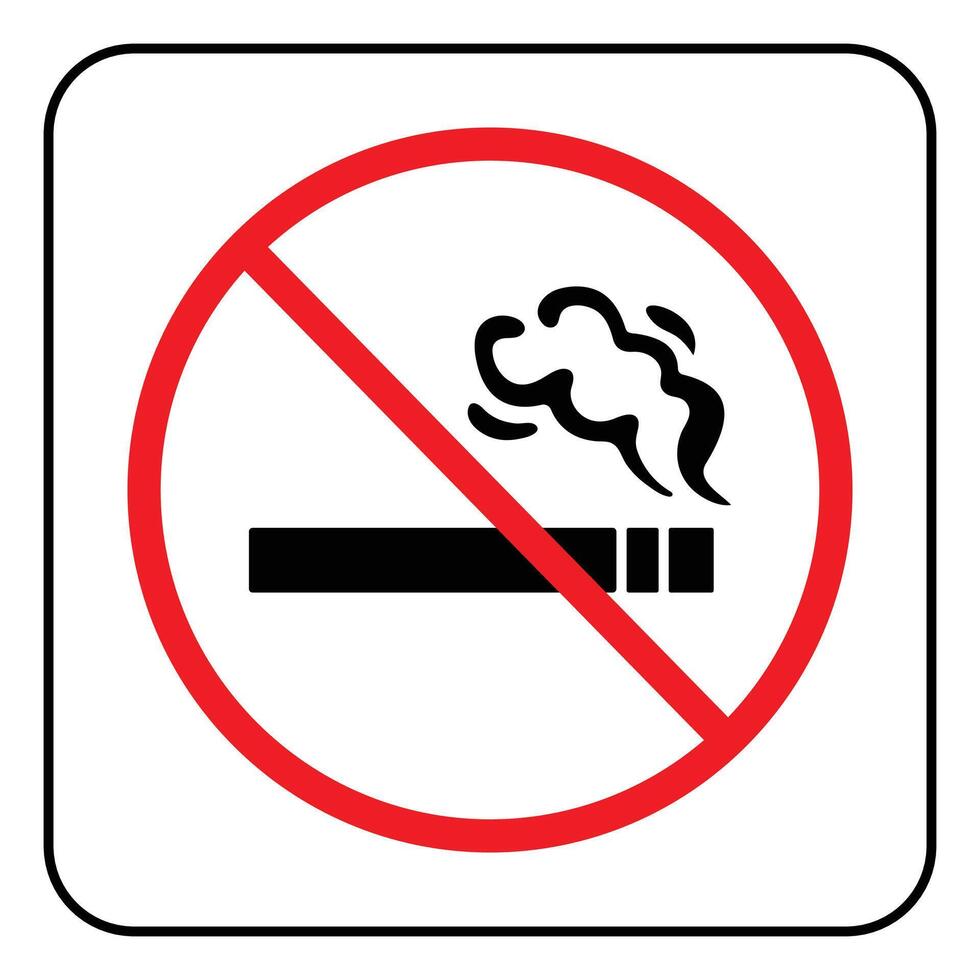 No Smoking area sign age rule with red cross warning circle. Cigarette smoke not allowed illustration silhouette poster isolated on white square background. vector