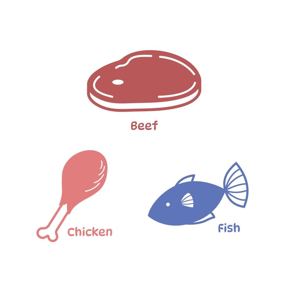 Chicken, beef, and fish meats source of protein raw food ingredients silhouette monochrome illustration icon isolated on square white background. Simple flat cartoon styled drawing. vector
