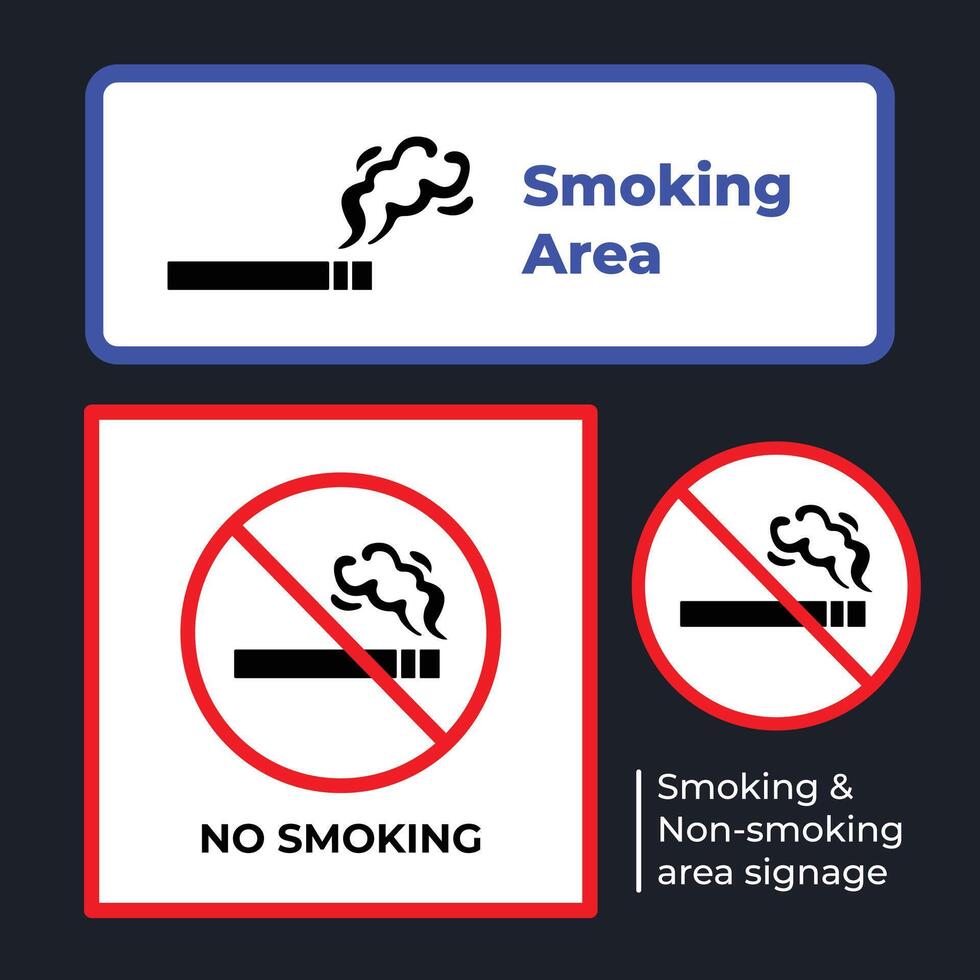 Smoking and Non Smoking Area signages poster or stickers design illustration poster silhouette set group bundle isolated on square dark gray colored background. vector