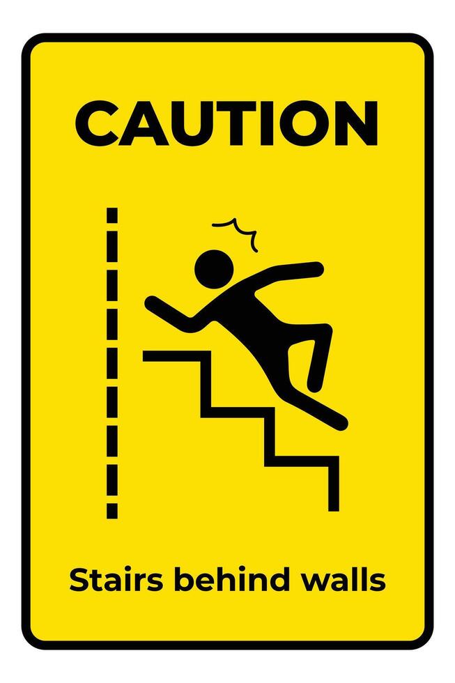 Caution falling down the stairs behind walls yellow rectangle sign age shadow silhouette illustration isolated on vertical background. Simple flat cartoon styled drawing. vector