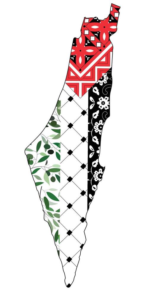 PALESTINE map contains flag from ornaments and olives and Palestinian scarf which called in arabic kufiya, olive tree leaves, suitable for social media and t shirt prints and posters and banners vector