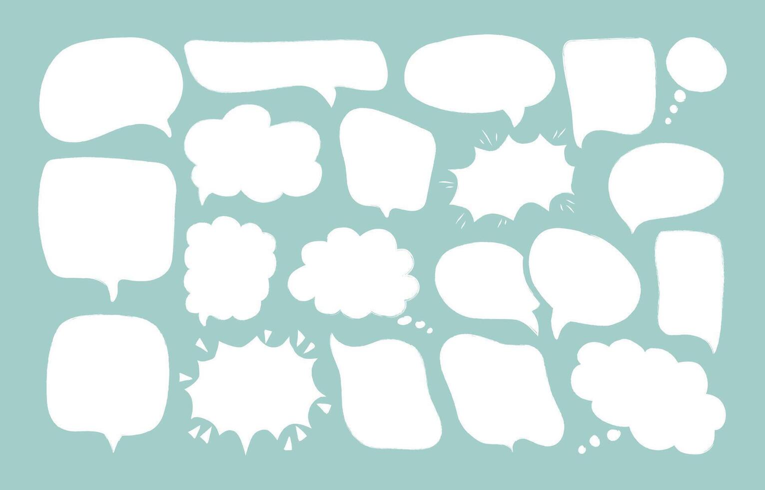 Set white speech bubbles isolated on blue background. Hand drawn different doodle talk balloons with grunge crayon texture. Empty thought and text clouds. Chat communication sign. vector
