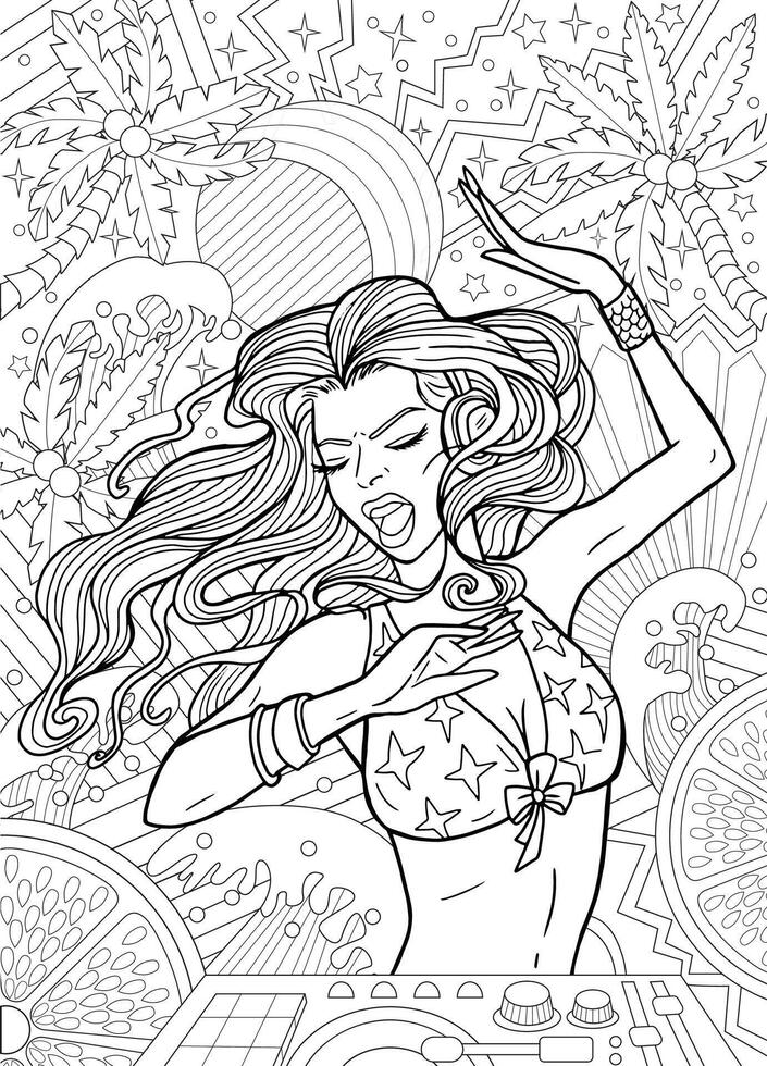 Coloring page with young beautiful woman singing with feelings on party against tropical nature with palms and sea waves. Summer background, music and singing concept, line art. vector