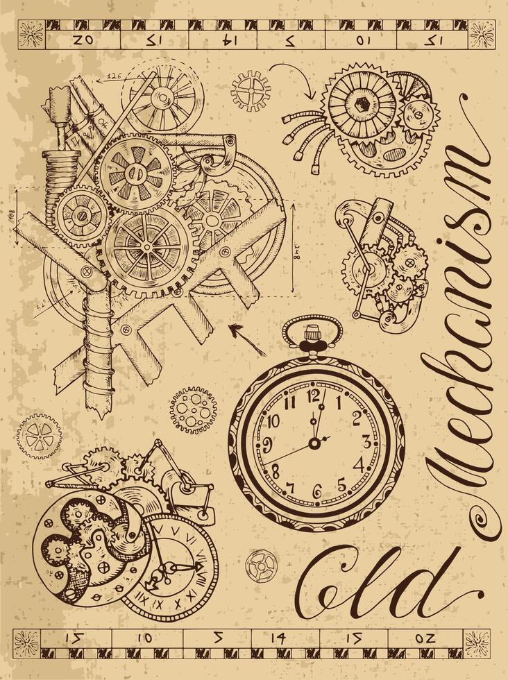 Old mechanism of clock in steampunk style vector