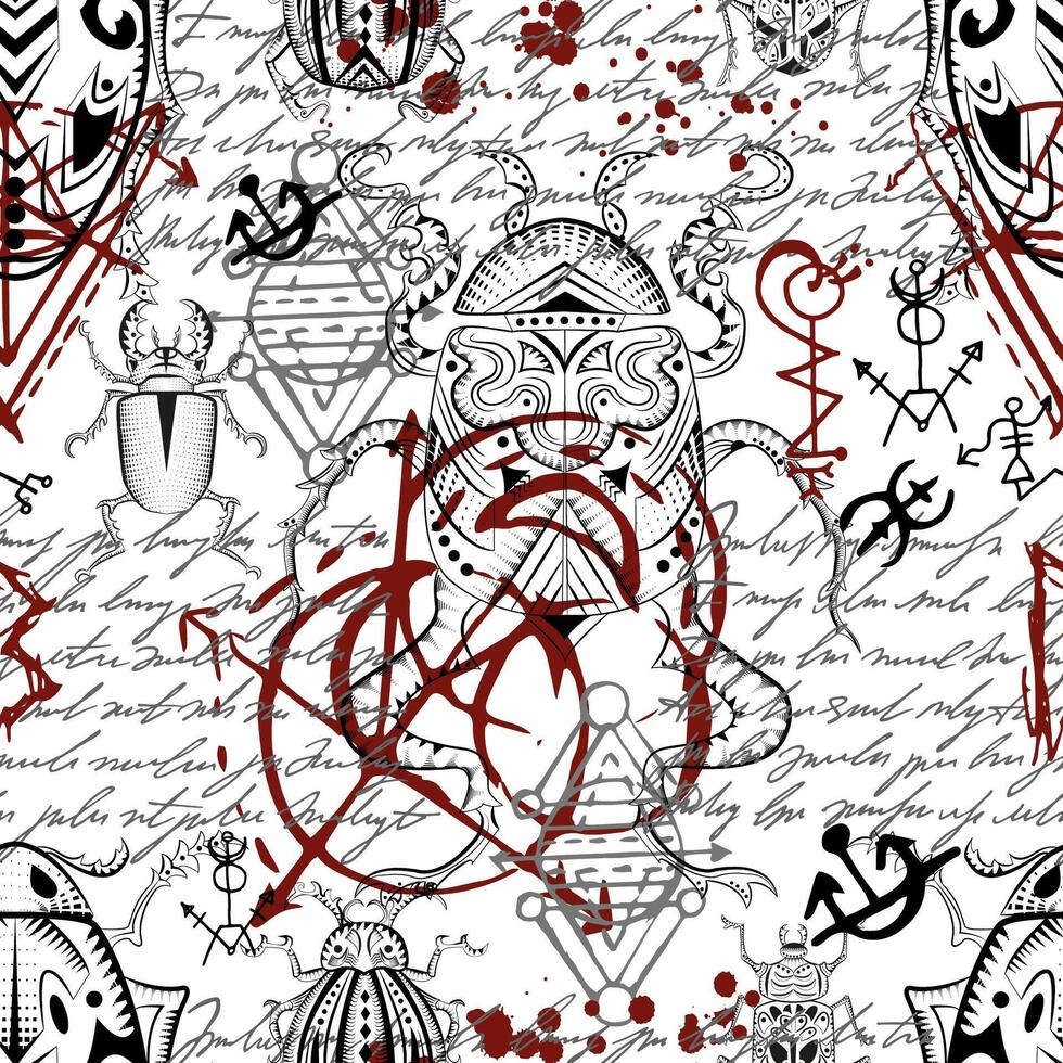 Seamless pattern with mystic decorated bugs and esoteric gothic symbols against white background. No foreign language, all signs are fantasy ones. vector