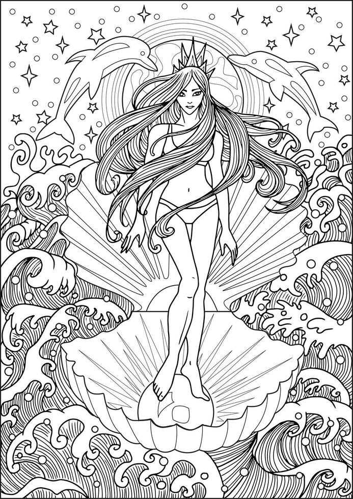 Coloring page with young beautiful woman as sea goddess standing in big shell with dolphins against waves and seascape. Summer background, fantasy concept, line art. vector