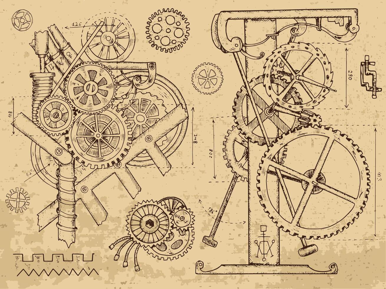 Old mechanisms and machines in steampunk style vector