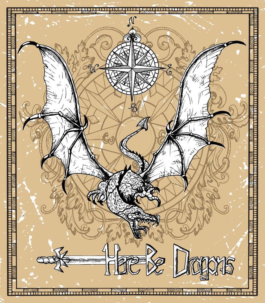 Beautiful flying dragon, ancient sword and compass in frame. sketch of tattoo fantasy concept and t-shirt design. Graphic line art illustration vector