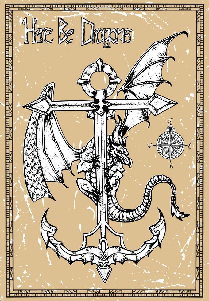 Dragon with wings sitting on the old anchor against texture background in frame. sketch of tattoo fantasy concept and t-shirt design. Graphic line art illustration vector