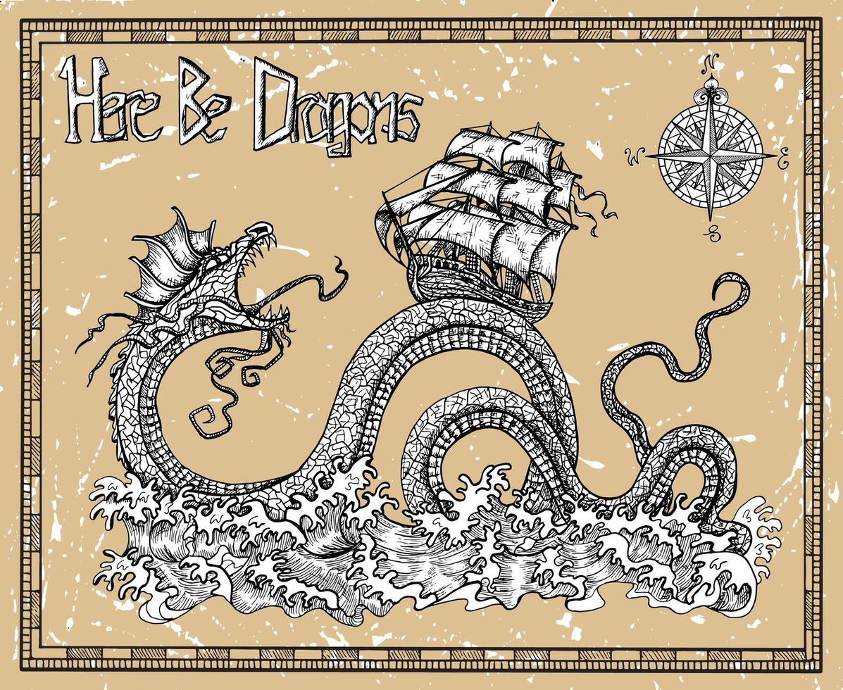 Scary dragon and ship with compass, sea waves and title Here Be Dragons. sketch of tattoo fantasy concept and t-shirt design. Graphic line art illustration vector