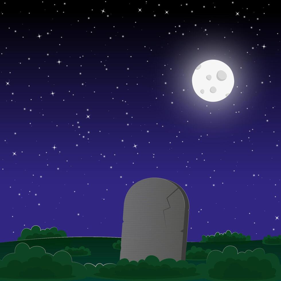 A lonely tombstone in the moonlit night under a star-filled sky. vector