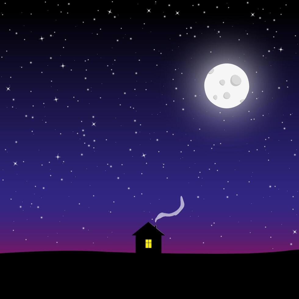 A small cozy house on the background of a beautiful starry sky and a bright moon. vector