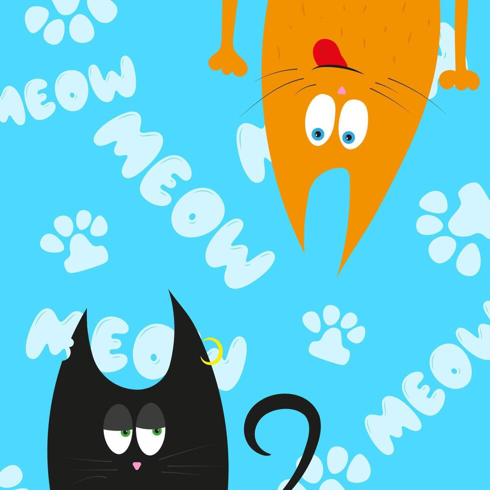 Funny hand-drawn cats. Ginger cat hanging from above, trying to attract the black cat's attention. vector