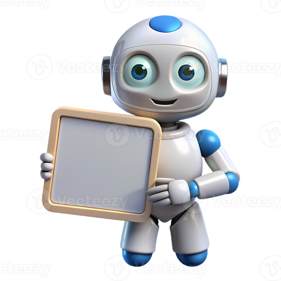 3d robot holding blank sign for advertising, child-friendly tech character, interactive learning, AI mascot, customizable presentation png