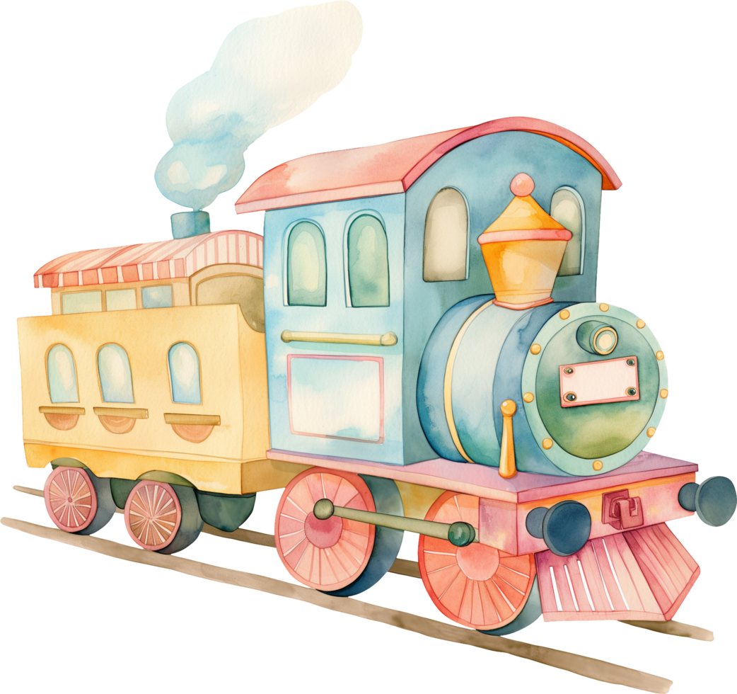 A colorful train with a yellow caboose and a blue engine png