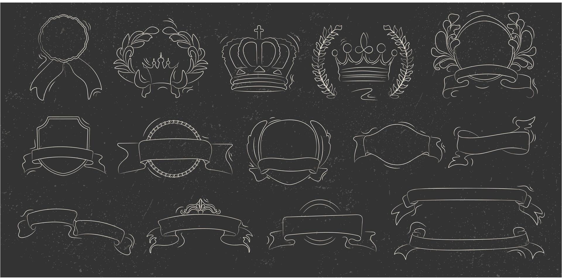 A set of hand drawn ribbons, banners. Hand drawn badge, banner, ribbon, flag, design element in the form of crown, quality mark and other elements for logo. vector