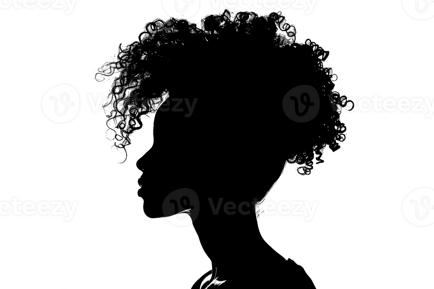 A black silhouette of a young womans head. png