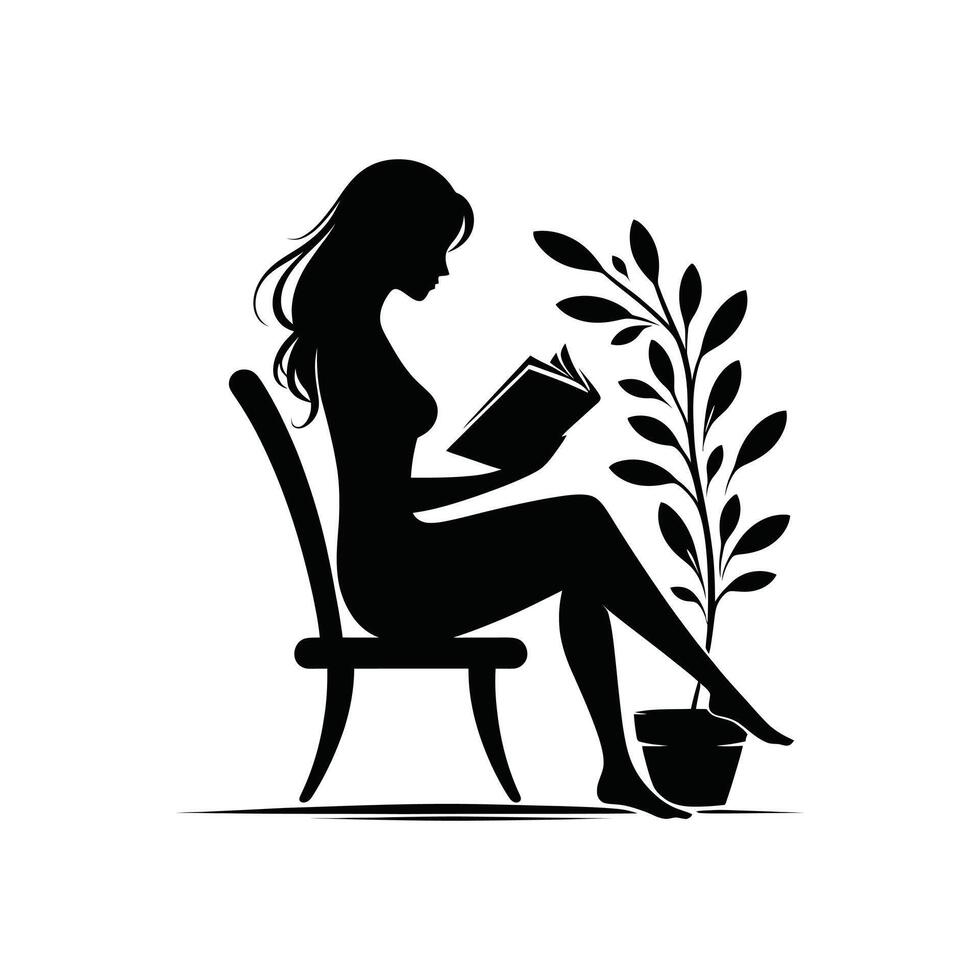 mujer leyendo libro silueta ilustración vector