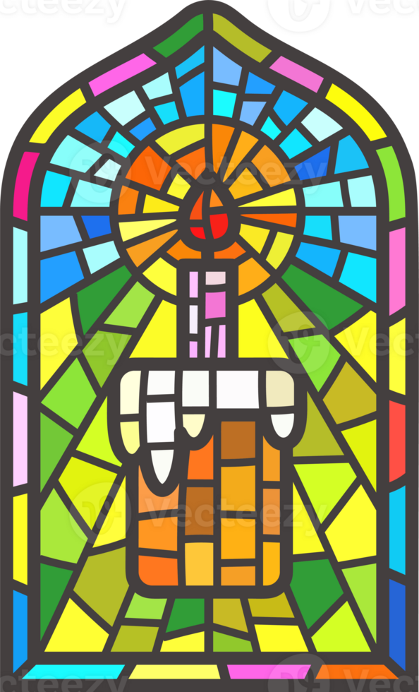 Church stained window. Christian mosaic glass arch with Easter cake and candle png