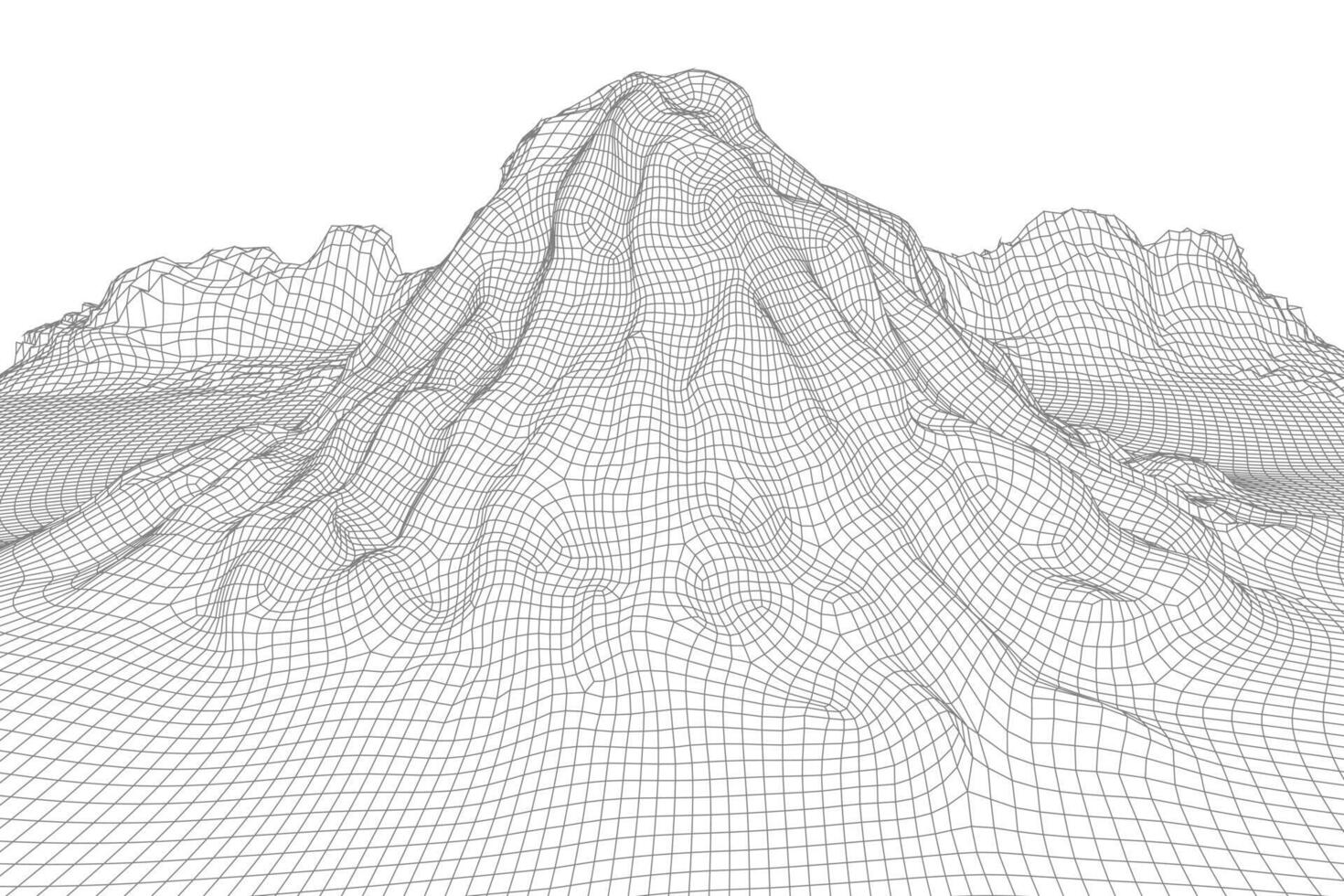 Abstract wireframe landscape background. 3D futuristic mesh mountains. 80s Retro illustration. Cyberspace technology valleys. vector